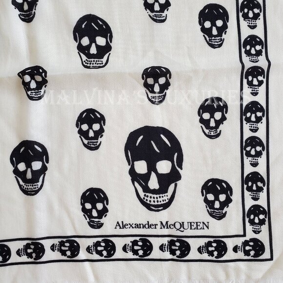 ALEXANDER MCQUEEN SCARF ICONIC SKULL PRINT IVORY WOOL FRINGE UNISEX - Picture 8 of 13